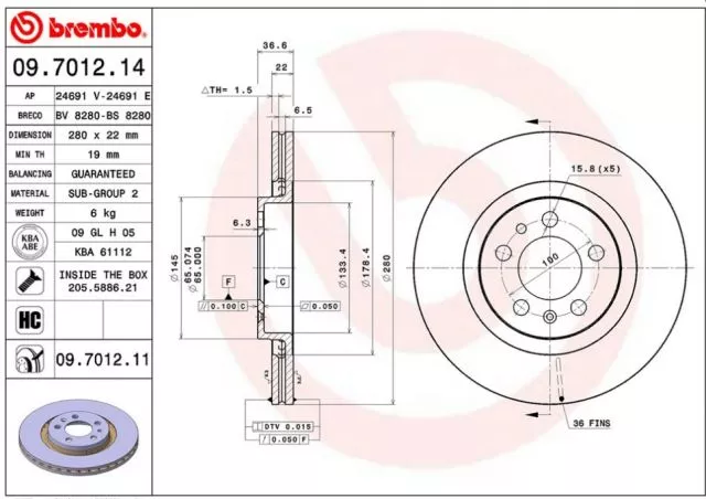 Prednji ventilirajući disk AUDI A3 SEAT LEON TOLEDO ŠKODA OCTAVIA 2 22X280 BREMBO   - 0