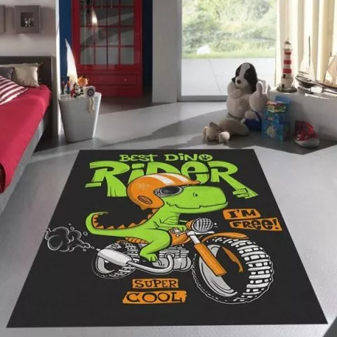 Tepih za decu na gumenoj podlozi 120x180cm – Dino na motoru, crni TG-146 - 0