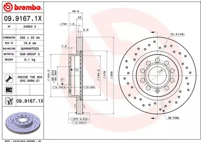 Prednji ventilirajući disk AUDI A3 SEAT LEON TOLEDO 3 ŠKODA OCTAVIA 3 VW G6 22X280 BREMBO  - 0