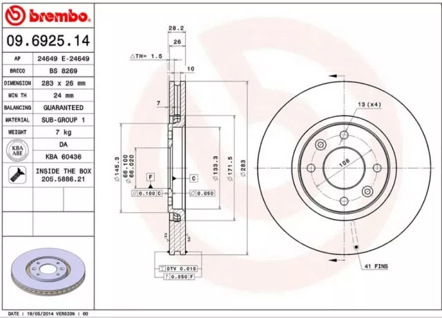 Disk ventilirajući prednji CITROEN XANTIA 1995-2003 283x26 BREMBO - 0