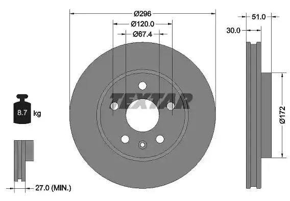 Prednji ventilirajući disk 296X30 INSIGNIA 16 COLI TEXTAR  - 0