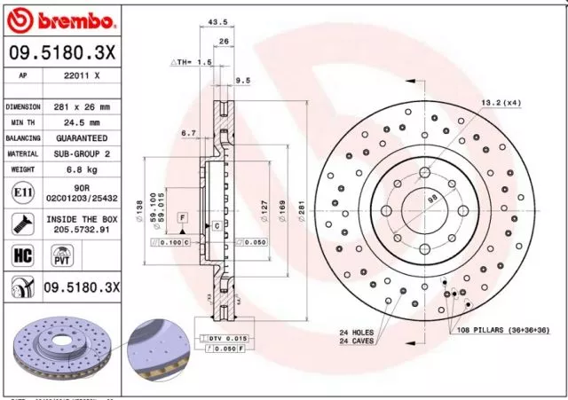 Disk prednji ventilirajući ALFA ROMEO MITO FIAT BRAVO 2 LANCIA DELTA 3 281x26 BREMBO  - 0